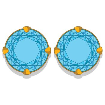 A pair of gold earrings with round big blue diamond
