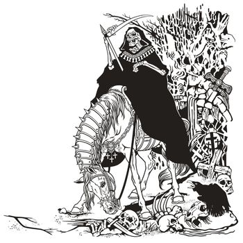 grim reaper symbol of death and time sitting on a horse and holding scythe in old cemetery . Black and white illustration