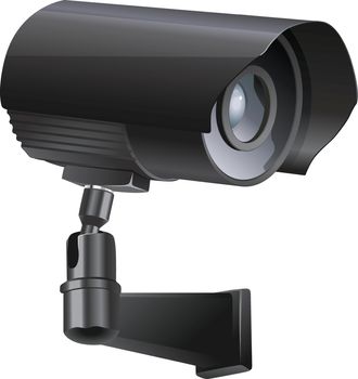 Surveillance camera viewed from the side, isolated on a white background.