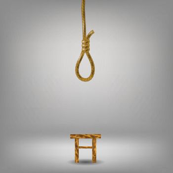 Vertical Rope Loop on Gray  Blurred Background. Noose and Stool