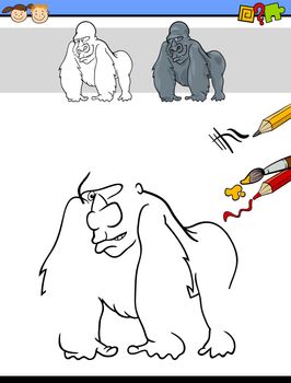 Cartoon Illustration of Finishing Drawing and Coloring Educational Task for Preschool Children with Gorilla Animal Character