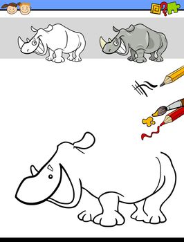 Cartoon Illustration of Drawing and Coloring Educational Task for Preschool Children with Rhinoceros Animal Character