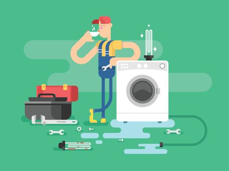 Repair of washing machines. Service maintenance, worker man, mechanic vector illustration