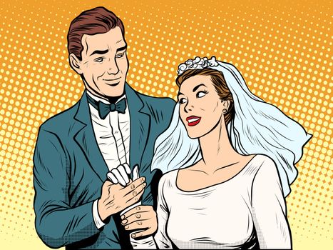 Wedding betrothal engagement groom bride love pop art retro style. Couple man and woman in wedding attire. Romance and feelings
