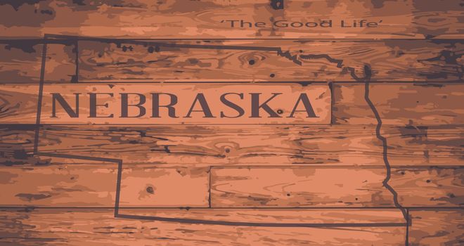 Nebraska state map brand on wooden boards with map outline and state motto