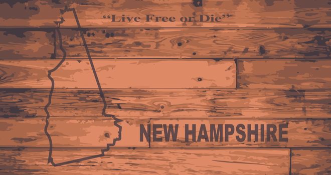 New Hampshire state map brand on wooden boards with map outline and state motto