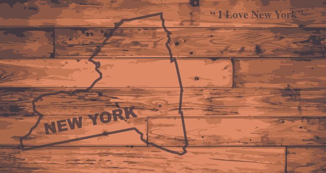 New York state map brand on wooden boards with map outline and state motto
