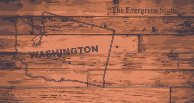 Washington state map brand on wooden boards with map outline and state motto