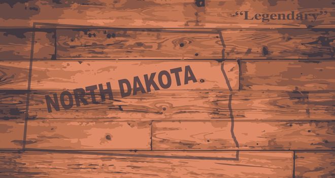 North Dakota state map brand on wooden boards with map outline and state motto