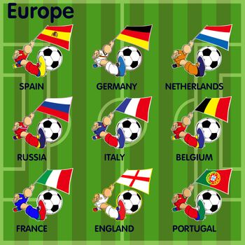 Vector cartoon of Nine soccer football teams from Europe including  Spain, Germany, Netherlands, Russia, Italy, belgium, France, England, Portugal on the field.