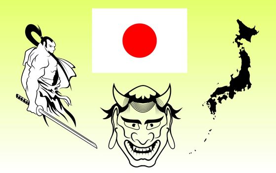 Japanese warriors, flag, map and ghost. vector illustion