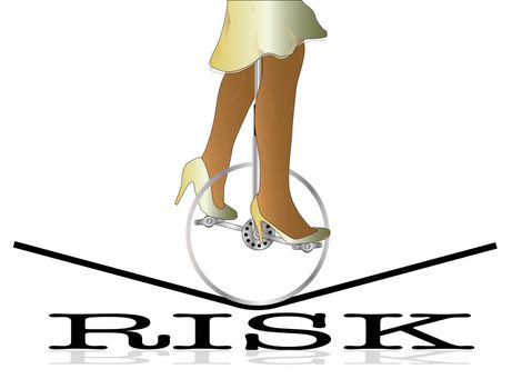 A unicycle and woman rider on a high wite over risk