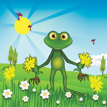 Illustration of a green frog weeding dandelions