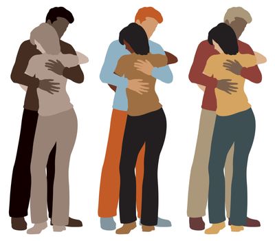 EPS8 editable vector illustration of a man and woman hugging each other in three color variations