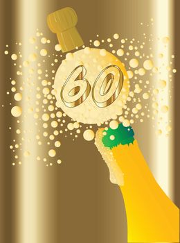 Champagne bottle being opened with froth and bubbles with a large bubble exclaiming 60