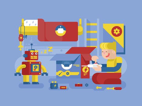Robotics guy control robot. Technology futuristic, science machine, character toy cyborg. Vector illustration