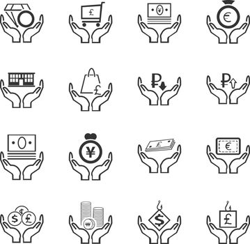 Hand and money icon set for web sites and user interface