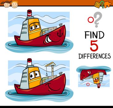 Cartoon Illustration of Finding Differences Educational Task for Preschool Children with Container Ship Transport Character