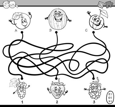 Black and White Cartoon Illustration of Educational Paths or Maze Puzzle Task for Preschool Children with Fruits Coloring Book