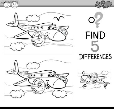 Black and White Cartoon Illustration of Finding Differences Educational Task for Preschool Children with Plane Transport Character for Coloring Book