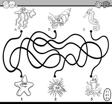 Black and White Cartoon Illustration of Educational Paths or Maze Puzzle Task for Preschool Children with Sea Life Characters Coloring Book