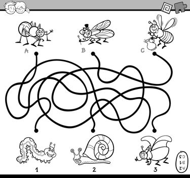 Black and White Cartoon Illustration of Educational Paths or Maze Puzzle Task for Preschool Children with Insect Characters Coloring Book