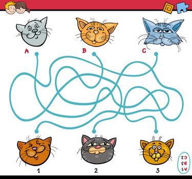 Cartoon Illustration of Educational Paths or Maze Puzzle Task for Preschool Children with Cats Animal Characters