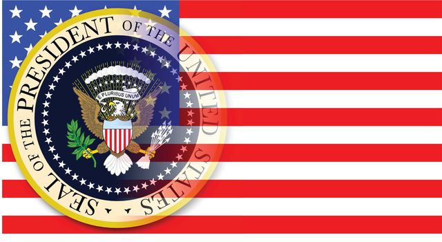 A depiction of the seal of the president of the United States of America set over a Stars and Stripes flag