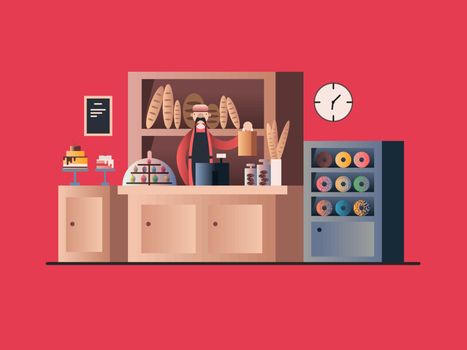 Bakery interior with seller. Shop store, retail food, pastry and bread. Vector illustration