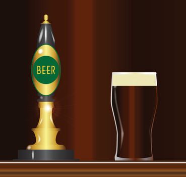 A traditional and typical beer pumps with beer sign and a full ping glass
