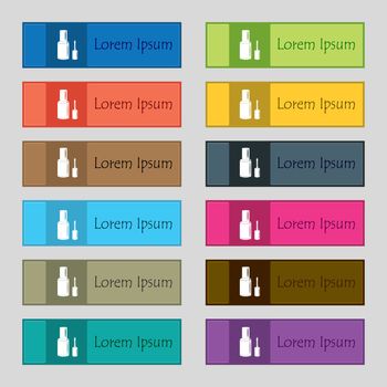 NAIL POLISH BOTTLE icon sign. Set of twelve rectangular, colorful, beautiful, high-quality buttons for the site. Vector illustration