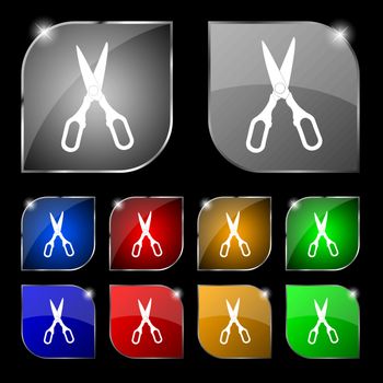 Scissors icon sign. Set of ten colorful buttons with glare. Vector illustration