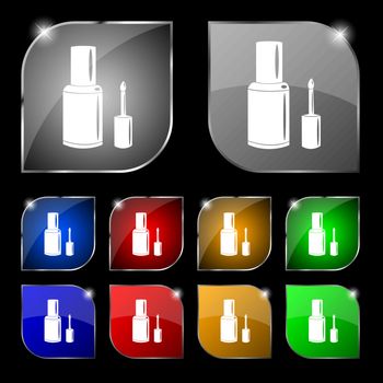 NAIL POLISH BOTTLE icon sign. Set of ten colorful buttons with glare. Vector illustration