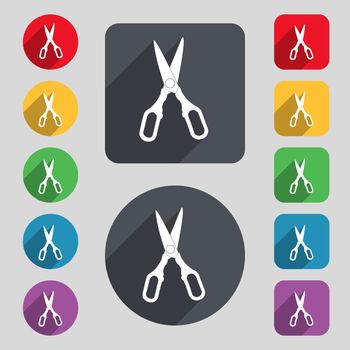 Scissors icon sign. A set of 12 colored buttons and a long shadow. Flat design. Vector illustration
