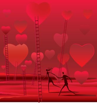 Surreal illustration of couple walking on a bucolic landscape full of hearts and stairs.
