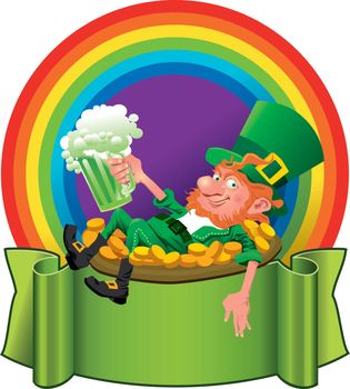 A cheerful leprechaun, holding a green beer in front of a rainbow.