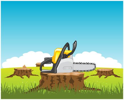 Tools chainsaw on stump tree .Vector illustration