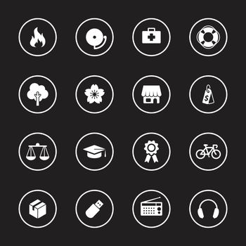 white flat miscellaneous icon set with circle frame for web design, user interface (UI), infographic and mobile application (apps)