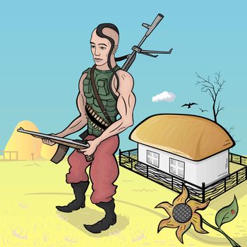 The young soldier from Ukraine with arms on the background of the house and haystacks.
