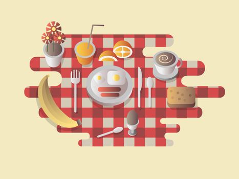 Breakfast design flat. Food and coffee cup, egg and bread, fresh meal morning, vector illustration