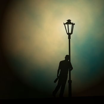 EPS10 editable vector illustration of a drunken man leaning against a lamp-post at night made using a gradient mesh