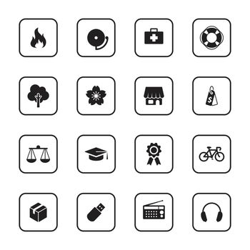 black flat safety and miscellaneous icon set with rounded rectangle frame for web design, user interface (UI), infographic and mobile application (apps)