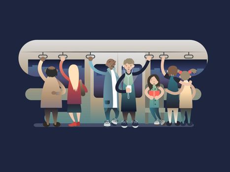 Onlookers passengers in trasport. Transportation train, metro or subway, railway urban, vector illustration