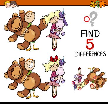 Cartoon Illustration of Finding Differences Educational Activity for Preschool Children with Kids and Toys