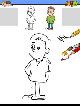 Cartoon Illustration of Drawing and Coloring Educational Task for Preschool Children with Cute Boy Character