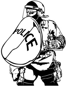 Police Heavy Armor with Shield - Black and White Illustration, Vector