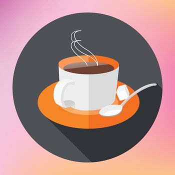 Flat Icon Cup of tea. Flat Icon Cup of coffee wih sugar and spoon. flat long shadow style vector icon. Coffee cup with smoke float up.
