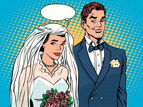 Bride and groom wedding ceremony pop art retro style. The girl in the dress of the bride. The man in the suit of the groom. Love and relationships. A man and a woman