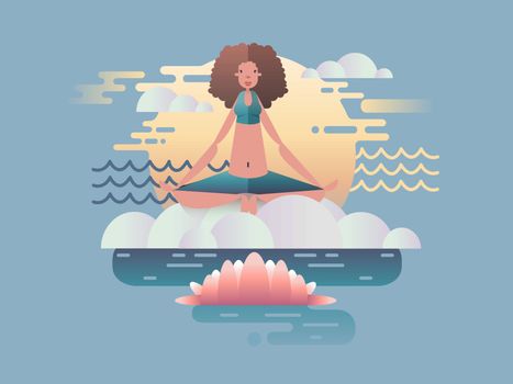 Woman meditation design flat. Yoga health, pose relaxation, girl  meditating, position harmony. Vector illustration
