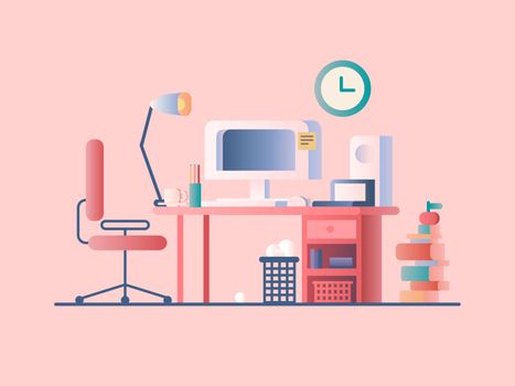 Workplace design flat. Desk office, computer and workspace, work organization place table, vector illustration